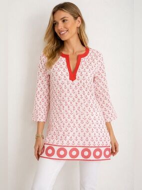 Pomegranate Mavis Anchor Pink Tunic Top Small Nautical Beach Coastal Cover Up